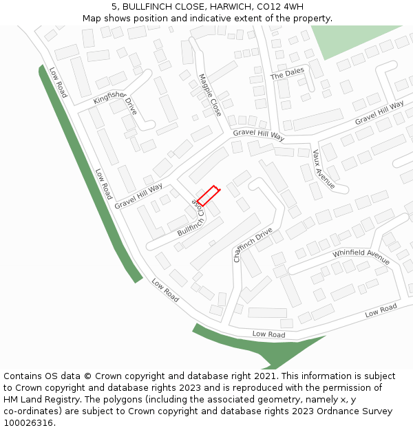 5, BULLFINCH CLOSE, HARWICH, CO12 4WH: Location map and indicative extent of plot