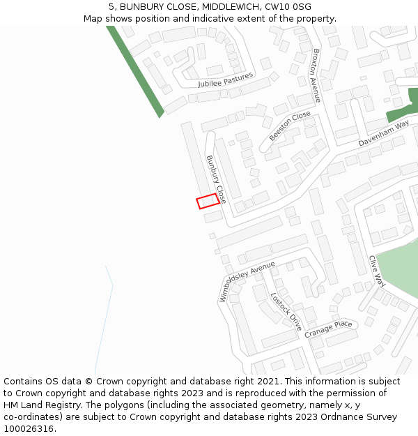 5, BUNBURY CLOSE, MIDDLEWICH, CW10 0SG: Location map and indicative extent of plot