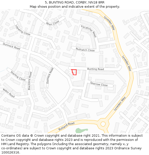 5, BUNTING ROAD, CORBY, NN18 8RR: Location map and indicative extent of plot