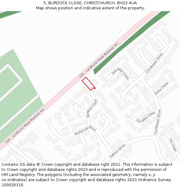 5, BURDOCK CLOSE, CHRISTCHURCH, BH23 4UA: Location map and indicative extent of plot