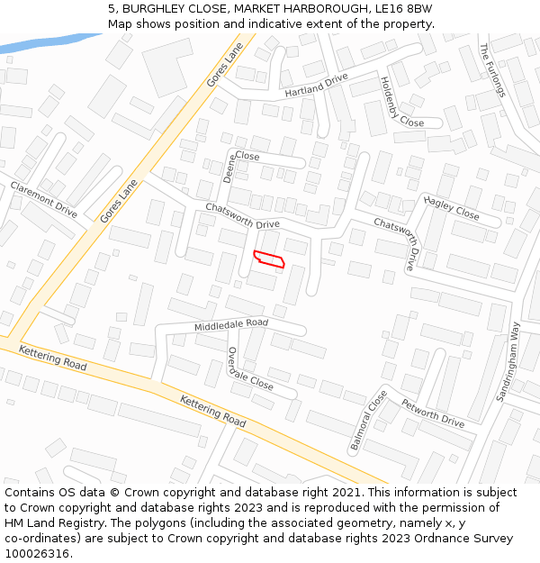 5, BURGHLEY CLOSE, MARKET HARBOROUGH, LE16 8BW: Location map and indicative extent of plot