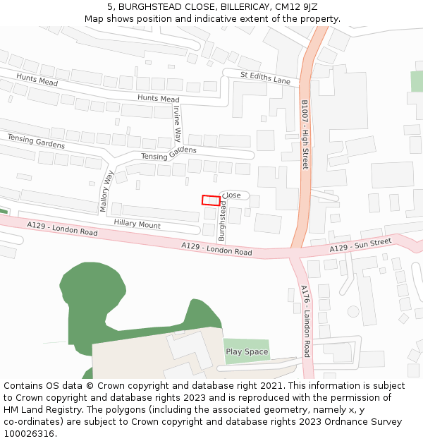 5, BURGHSTEAD CLOSE, BILLERICAY, CM12 9JZ: Location map and indicative extent of plot