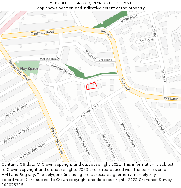 5, BURLEIGH MANOR, PLYMOUTH, PL3 5NT: Location map and indicative extent of plot