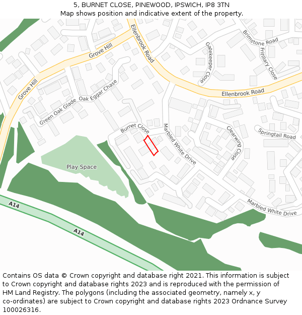5, BURNET CLOSE, PINEWOOD, IPSWICH, IP8 3TN: Location map and indicative extent of plot