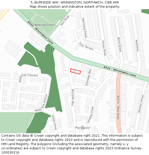 5, BURNSIDE WAY, WINNINGTON, NORTHWICH, CW8 4XR: Location map and indicative extent of plot