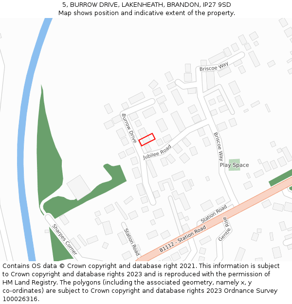 5, BURROW DRIVE, LAKENHEATH, BRANDON, IP27 9SD: Location map and indicative extent of plot