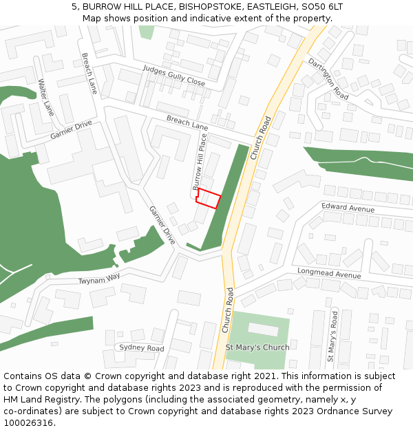 5, BURROW HILL PLACE, BISHOPSTOKE, EASTLEIGH, SO50 6LT: Location map and indicative extent of plot