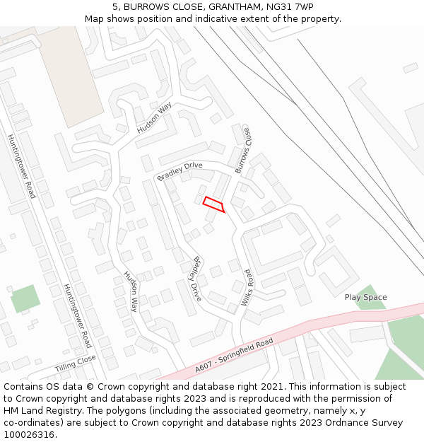 5, BURROWS CLOSE, GRANTHAM, NG31 7WP: Location map and indicative extent of plot