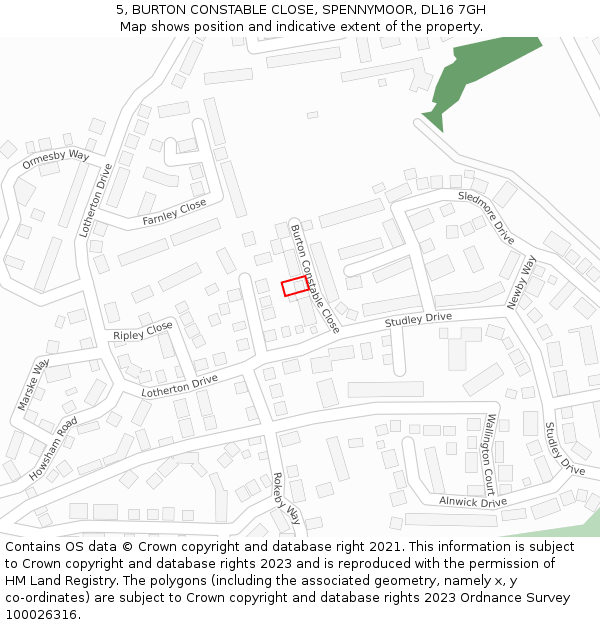 5, BURTON CONSTABLE CLOSE, SPENNYMOOR, DL16 7GH: Location map and indicative extent of plot