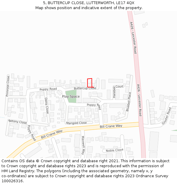 5, BUTTERCUP CLOSE, LUTTERWORTH, LE17 4QX: Location map and indicative extent of plot