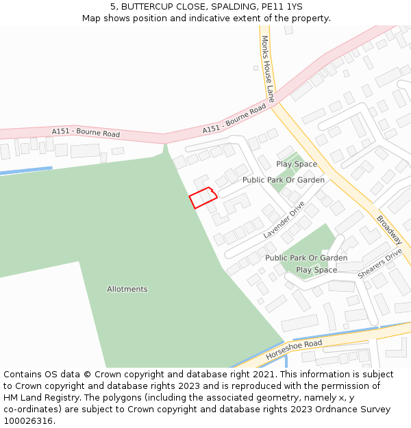 5, BUTTERCUP CLOSE, SPALDING, PE11 1YS: Location map and indicative extent of plot