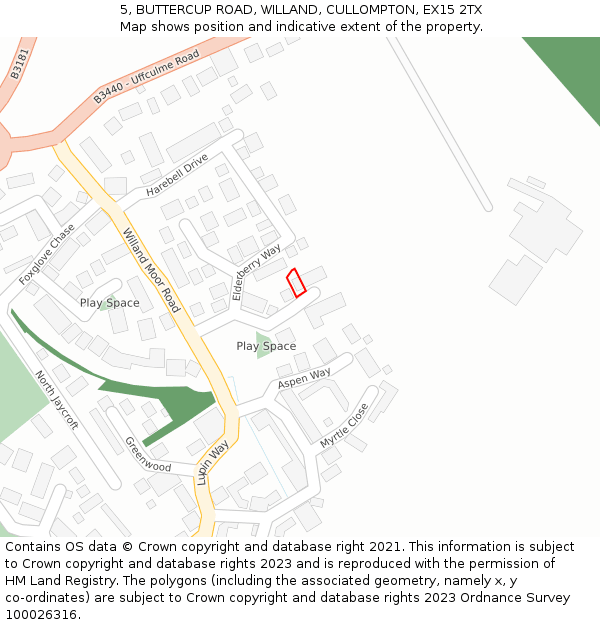 5, BUTTERCUP ROAD, WILLAND, CULLOMPTON, EX15 2TX: Location map and indicative extent of plot