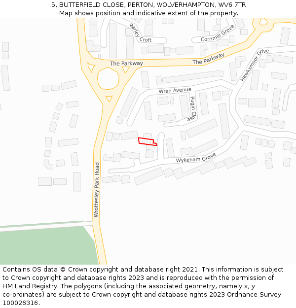 5, BUTTERFIELD CLOSE, PERTON, WOLVERHAMPTON, WV6 7TR: Location map and indicative extent of plot