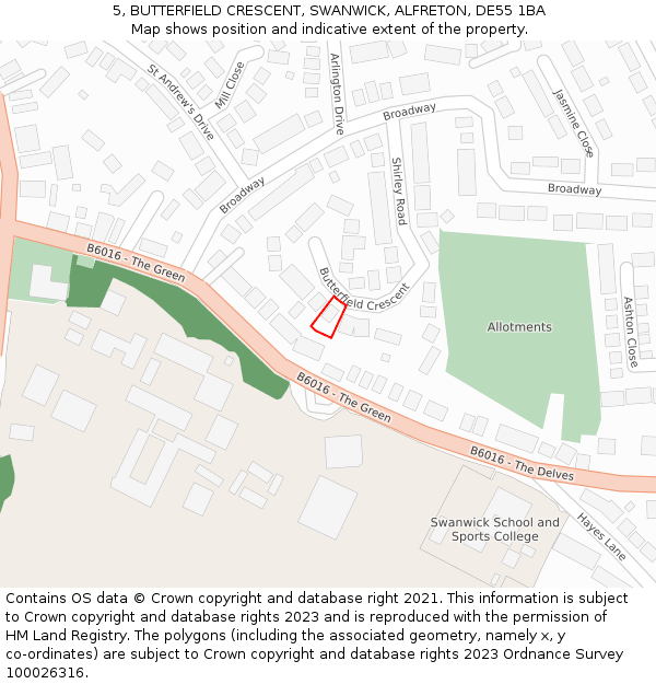 5, BUTTERFIELD CRESCENT, SWANWICK, ALFRETON, DE55 1BA: Location map and indicative extent of plot