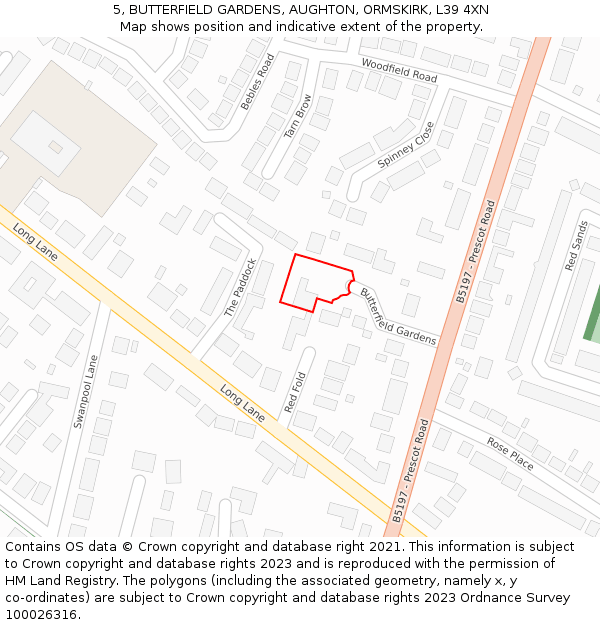 5, BUTTERFIELD GARDENS, AUGHTON, ORMSKIRK, L39 4XN: Location map and indicative extent of plot