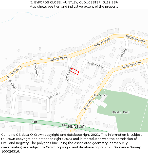 5, BYFORDS CLOSE, HUNTLEY, GLOUCESTER, GL19 3SA: Location map and indicative extent of plot