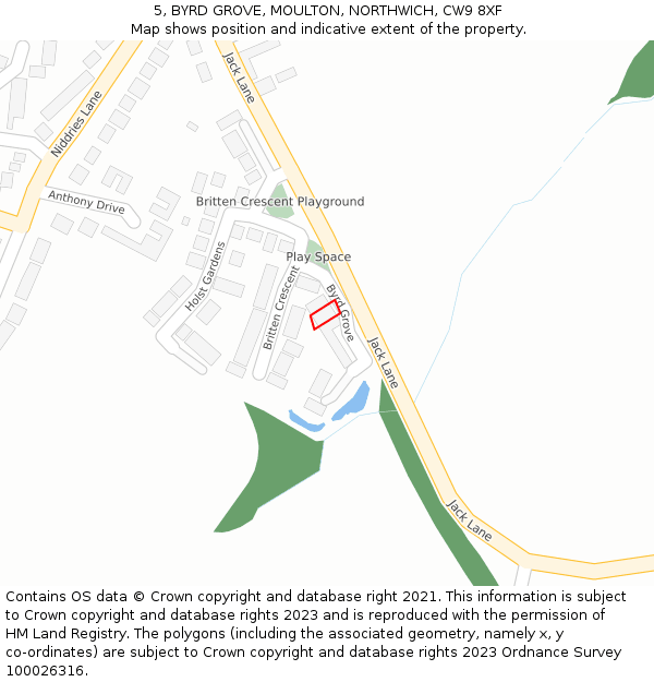 5, BYRD GROVE, MOULTON, NORTHWICH, CW9 8XF: Location map and indicative extent of plot