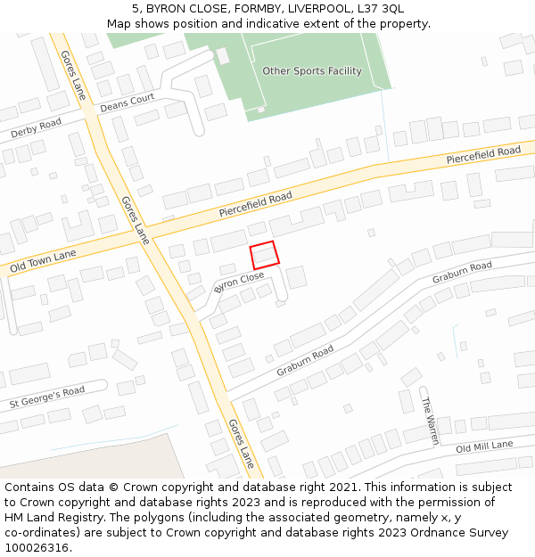 5, BYRON CLOSE, FORMBY, LIVERPOOL, L37 3QL: Location map and indicative extent of plot