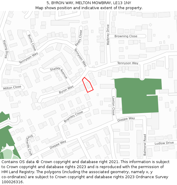 5, BYRON WAY, MELTON MOWBRAY, LE13 1NY: Location map and indicative extent of plot