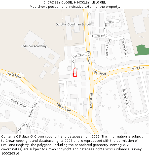 5, CADEBY CLOSE, HINCKLEY, LE10 0EL: Location map and indicative extent of plot