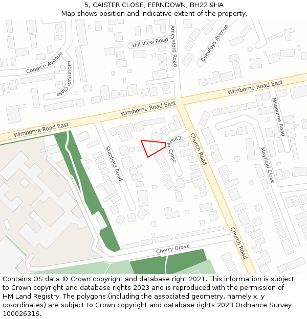 5, CAISTER CLOSE, FERNDOWN, BH22 9HA: Location map and indicative extent of plot