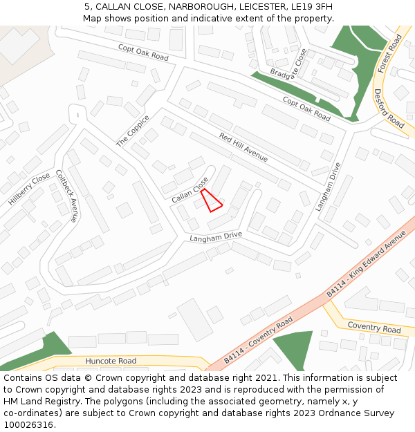 5, CALLAN CLOSE, NARBOROUGH, LEICESTER, LE19 3FH: Location map and indicative extent of plot