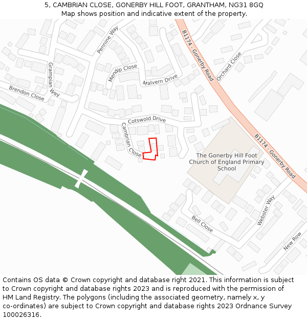 5, CAMBRIAN CLOSE, GONERBY HILL FOOT, GRANTHAM, NG31 8GQ: Location map and indicative extent of plot