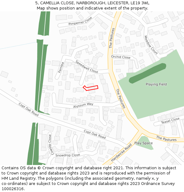 5, CAMELLIA CLOSE, NARBOROUGH, LEICESTER, LE19 3WL: Location map and indicative extent of plot