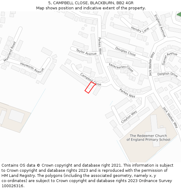 5, CAMPBELL CLOSE, BLACKBURN, BB2 4GR: Location map and indicative extent of plot