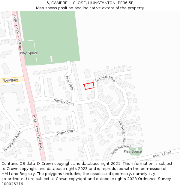 5, CAMPBELL CLOSE, HUNSTANTON, PE36 5PJ: Location map and indicative extent of plot