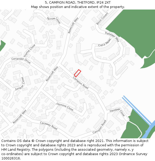 5, CAMPION ROAD, THETFORD, IP24 2XT: Location map and indicative extent of plot