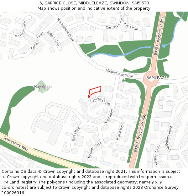 5, CAPRICE CLOSE, MIDDLELEAZE, SWINDON, SN5 5TB: Location map and indicative extent of plot