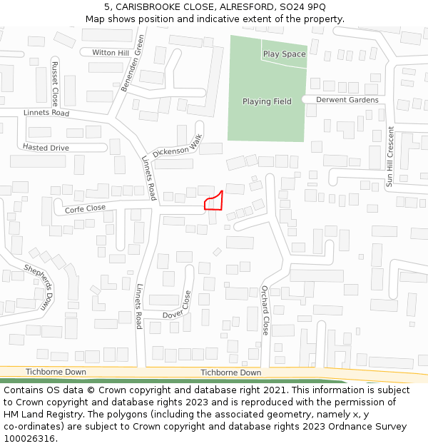 5, CARISBROOKE CLOSE, ALRESFORD, SO24 9PQ: Location map and indicative extent of plot