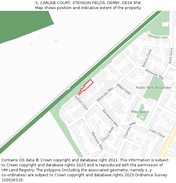 5, CARLINE COURT, STENSON FIELDS, DERBY, DE24 3FW: Location map and indicative extent of plot