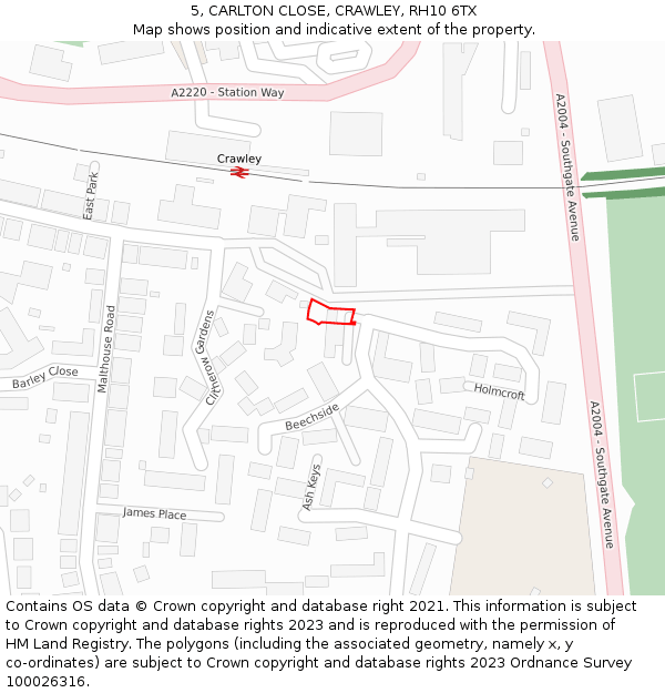 5, CARLTON CLOSE, CRAWLEY, RH10 6TX: Location map and indicative extent of plot