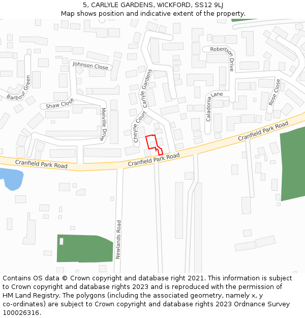 5, CARLYLE GARDENS, WICKFORD, SS12 9LJ: Location map and indicative extent of plot