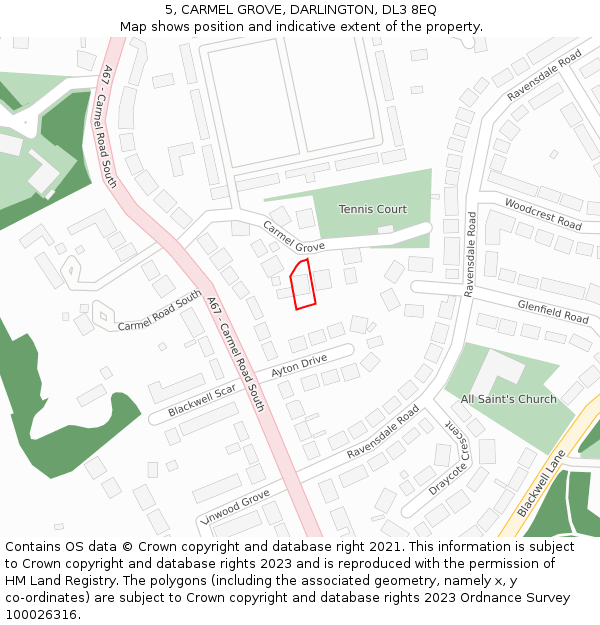 5, CARMEL GROVE, DARLINGTON, DL3 8EQ: Location map and indicative extent of plot