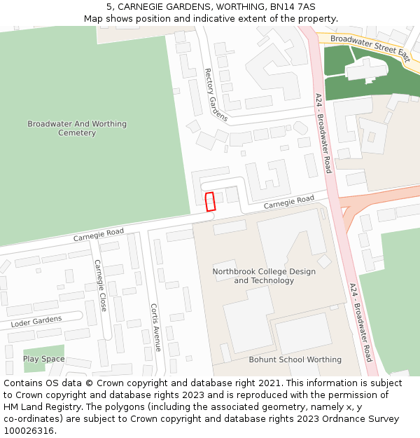 5, CARNEGIE GARDENS, WORTHING, BN14 7AS: Location map and indicative extent of plot