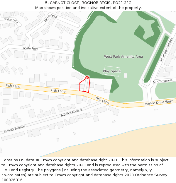 5, CARNOT CLOSE, BOGNOR REGIS, PO21 3FG: Location map and indicative extent of plot