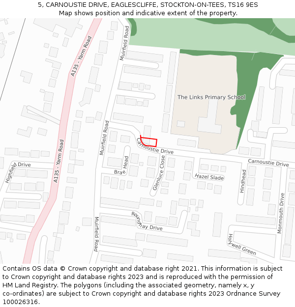 5, CARNOUSTIE DRIVE, EAGLESCLIFFE, STOCKTON-ON-TEES, TS16 9ES: Location map and indicative extent of plot