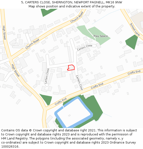 5, CARTERS CLOSE, SHERINGTON, NEWPORT PAGNELL, MK16 9NW: Location map and indicative extent of plot