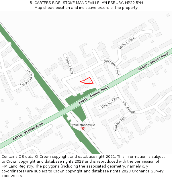 5, CARTERS RIDE, STOKE MANDEVILLE, AYLESBURY, HP22 5YH: Location map and indicative extent of plot