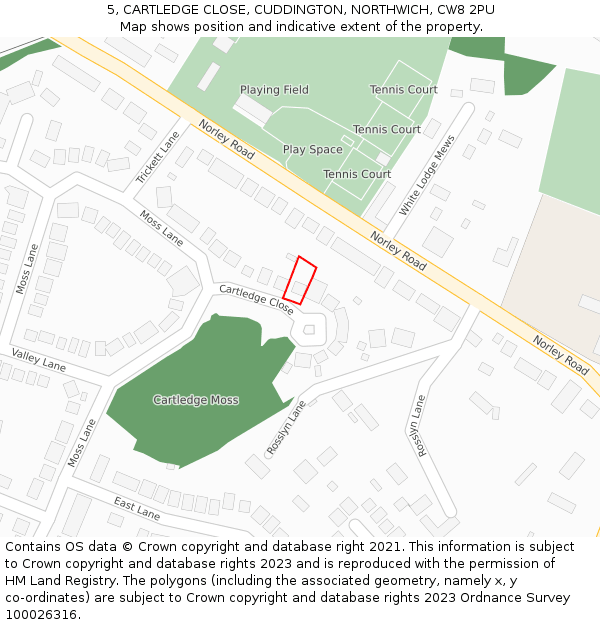 5, CARTLEDGE CLOSE, CUDDINGTON, NORTHWICH, CW8 2PU: Location map and indicative extent of plot