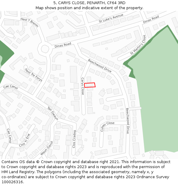 5, CARYS CLOSE, PENARTH, CF64 3RD: Location map and indicative extent of plot