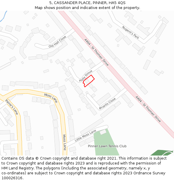 5, CASSANDER PLACE, PINNER, HA5 4QS: Location map and indicative extent of plot