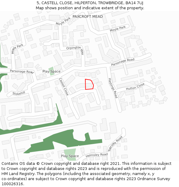 5, CASTELL CLOSE, HILPERTON, TROWBRIDGE, BA14 7UJ: Location map and indicative extent of plot