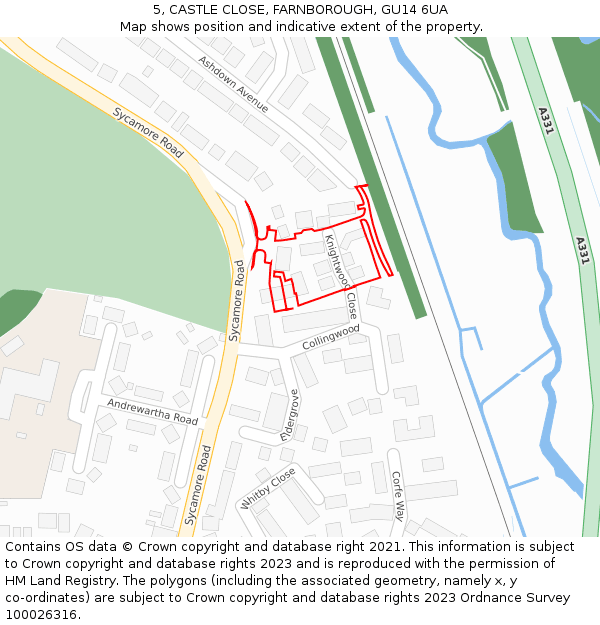 5, CASTLE CLOSE, FARNBOROUGH, GU14 6UA: Location map and indicative extent of plot