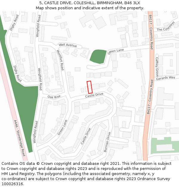 5, CASTLE DRIVE, COLESHILL, BIRMINGHAM, B46 3LX: Location map and indicative extent of plot