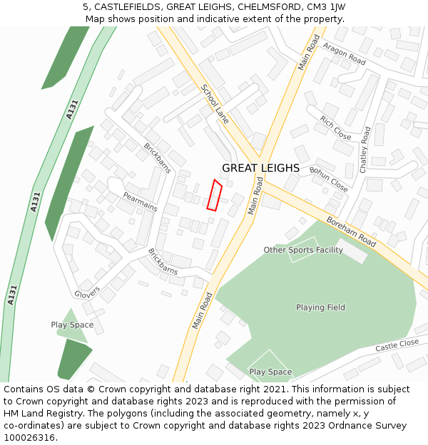 5, CASTLEFIELDS, GREAT LEIGHS, CHELMSFORD, CM3 1JW: Location map and indicative extent of plot