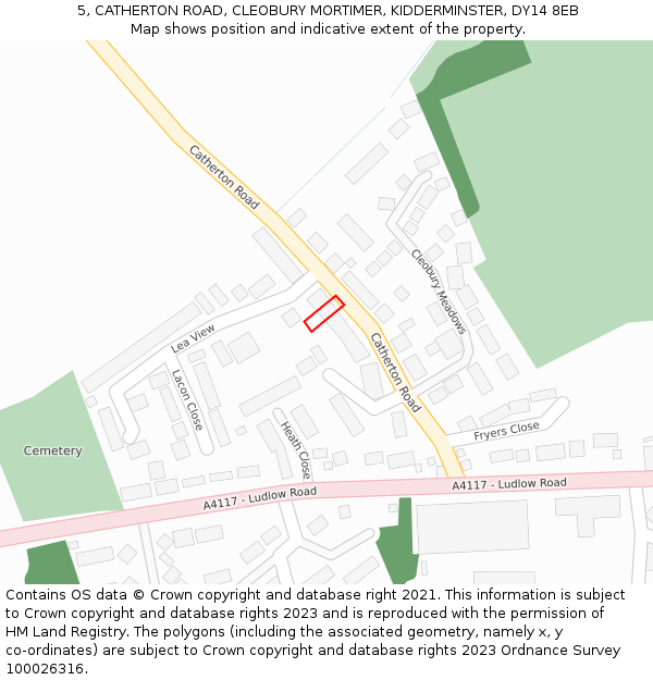 5, CATHERTON ROAD, CLEOBURY MORTIMER, KIDDERMINSTER, DY14 8EB: Location map and indicative extent of plot